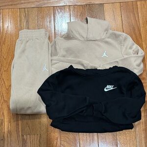 Nike Kids Beige Jordan Sweatpant set and black Nike hoodie.